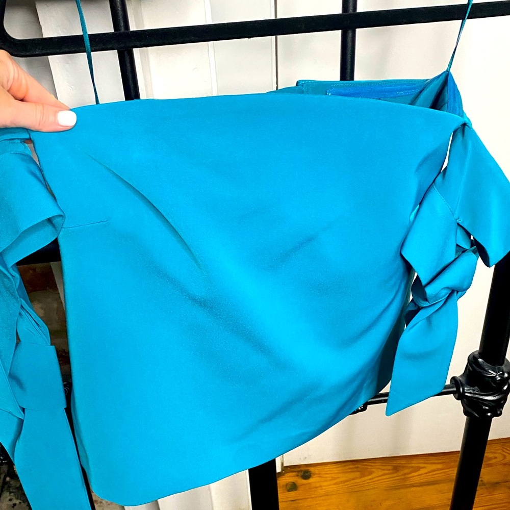 Blue Off the shoulder satin blouse, with bow cap sleeve